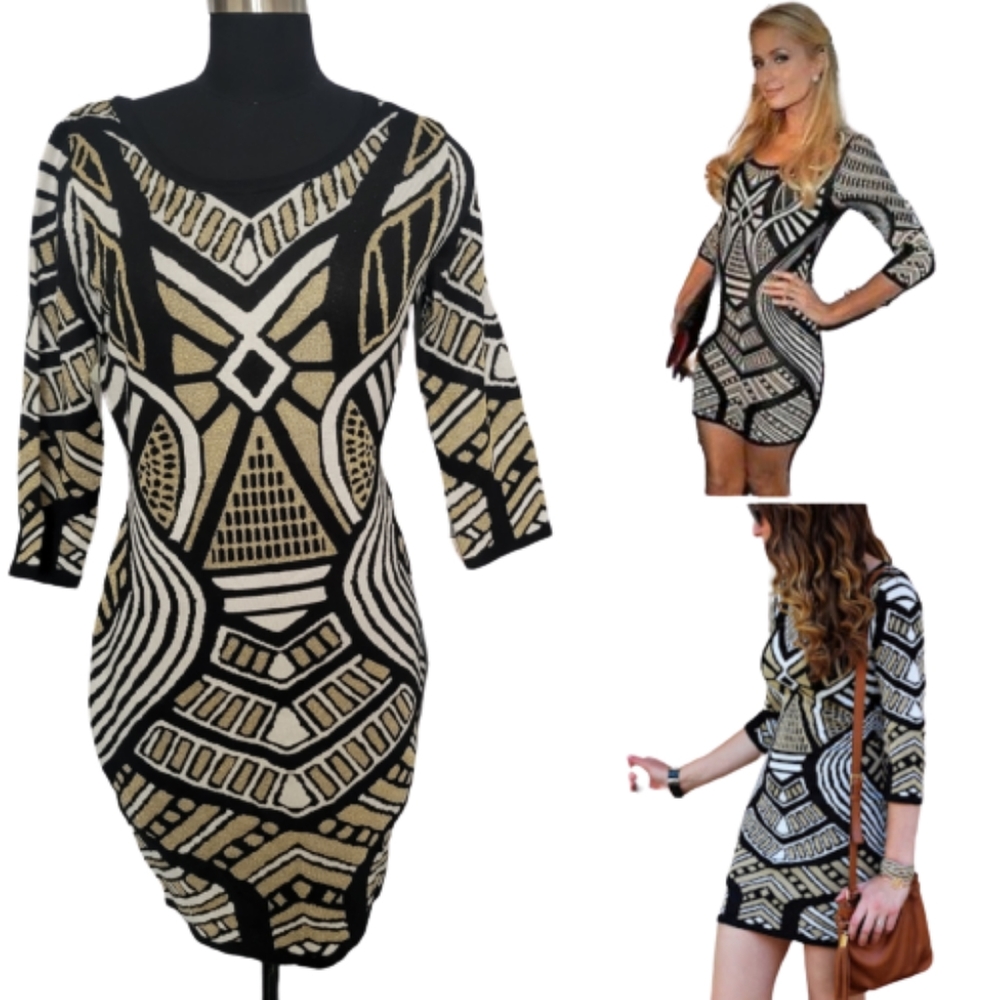 A. Peach Geomtric Metallic Sweater Dress